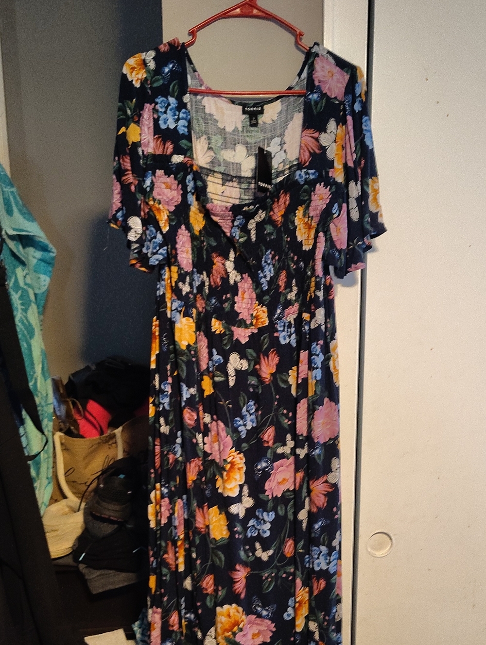 Torrid Floral Midi Dress - Blue with Pink & Yellow Blooms And Butterflies